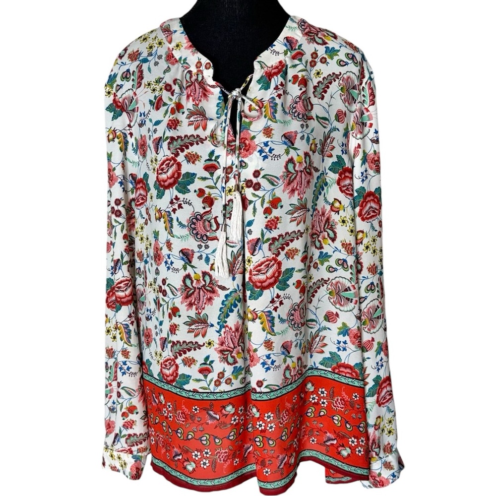 ROSE + OLIVE Long Sleeve Flowy Floral Boho Hippy Blouse Top Drawstring Tassel XL